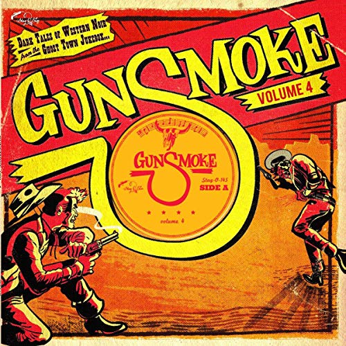 Vinyl record cover with cowboys and "GUNSMOKE VOLUME 4" in bold yellow font.