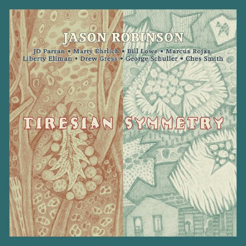 "Album cover with abstract tree illustrations and text 'Jason Robinson - Tiresian Symmetry'."
