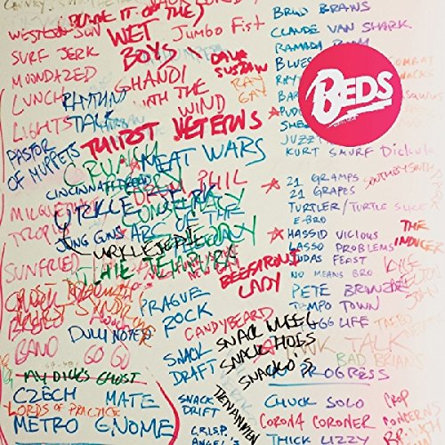 "Vinyl record cover with 'Beds' logo and multicolored handwritten band names on a white background."