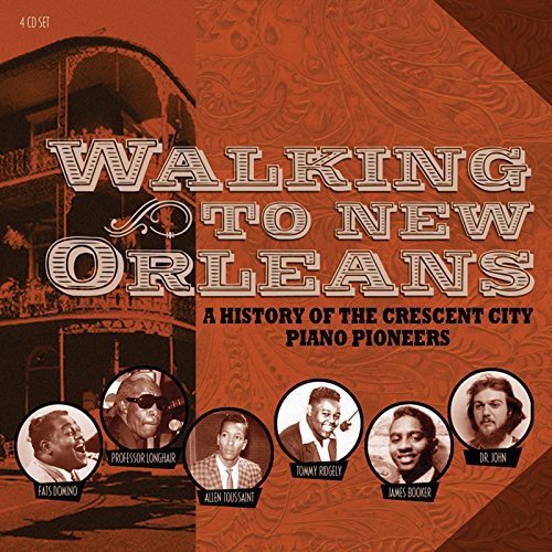 "Album cover with 'Walking to New Orleans' title and portraits of five musicians."