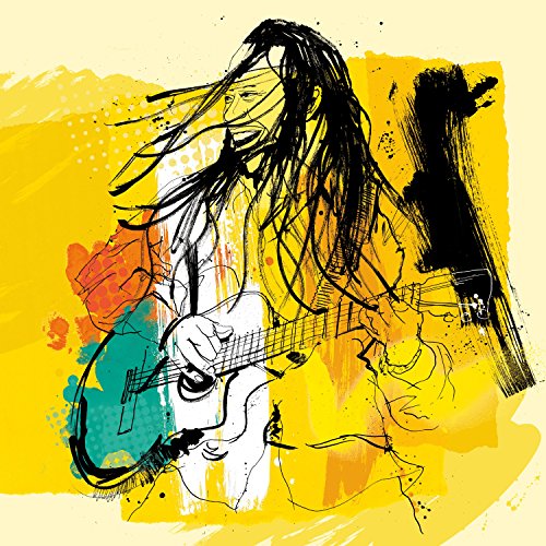 The image is a CD cover featuring a man playing guitar. Alt text: Yellow CD cover with illustration of man playing guitar.