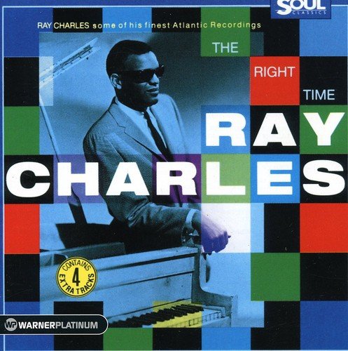 "CD cover featuring Ray Charles sitting at a piano, with multicolored squares."