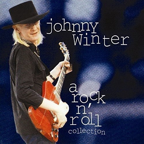 Johnny Winter holding a red guitar, wearing a black hat and shirt, on a dark background.