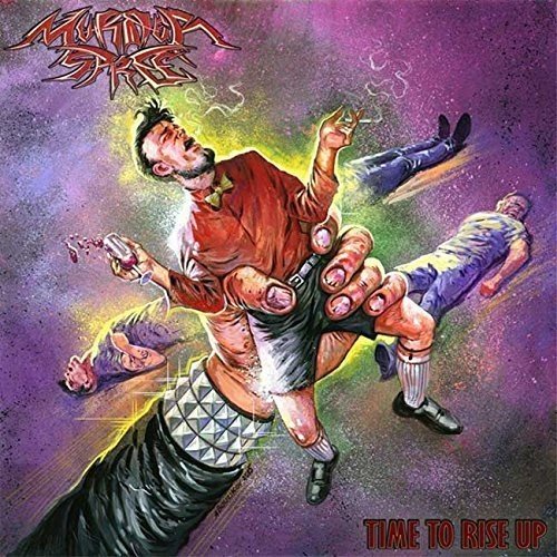"Album cover featuring a cartoon man with a giant hand and three floating bodies."