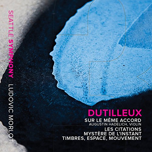 "CD cover with blue abstract shape and pink and white text on dark background."