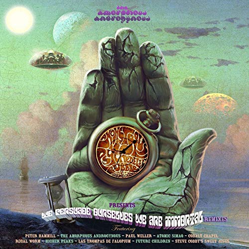 "CD album cover with a hand holding a pocket watch, against a surreal, green landscape."