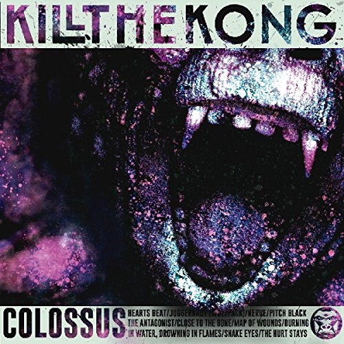"Vinyl album cover with a gorilla's face, mouth open, in purple and black tones."