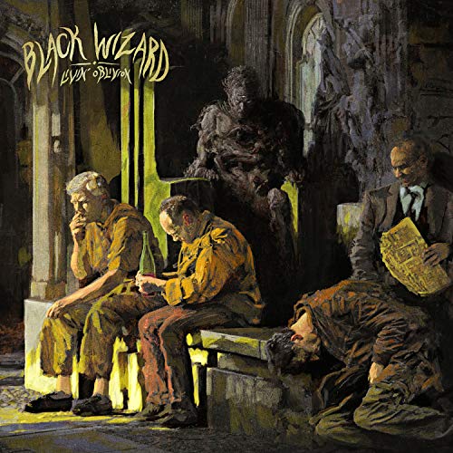 Vinyl album cover art: four men in a dimly lit, ruined building.