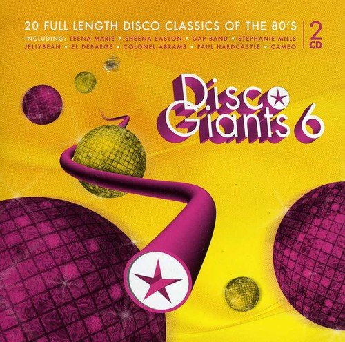 "CD cover featuring disco balls on a yellow background with 'Disco Giants 6' text."