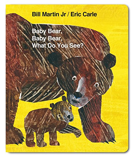 "Children's board book cover featuring a large brown bear and a smaller cub on yellow."
