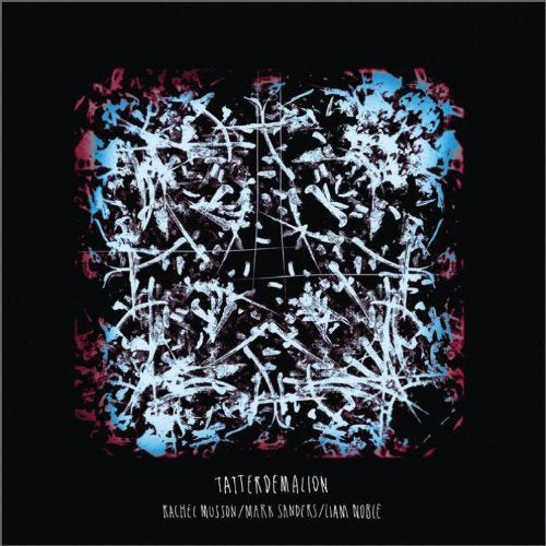 "Album cover with abstract white, blue, and red design on a black background."