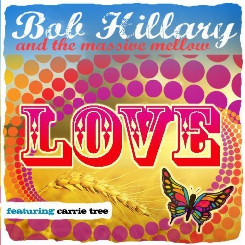 "Album cover with 'LOVE' in red, butterfly, and wheat on colorful polka dot background."