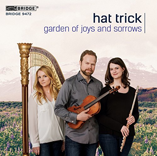 CD cover featuring three musicians with harp, violin, and viola in a floral landscape.