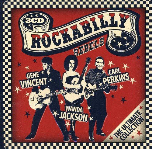 Red CD cover with three musicians and checkered border, titled "Rockabilly Rebels".