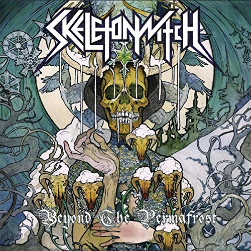"Album cover art featuring a skull with mushrooms and twisted roots."