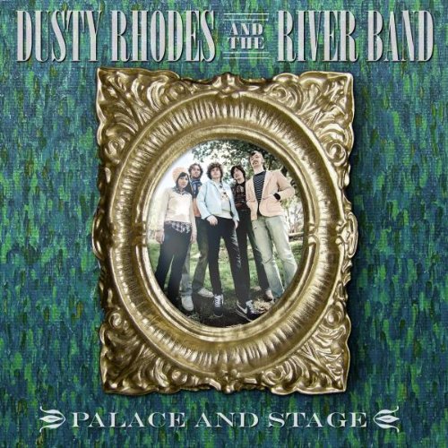 Album cover with ornate gold frame and band members inside, on a blue-green background.