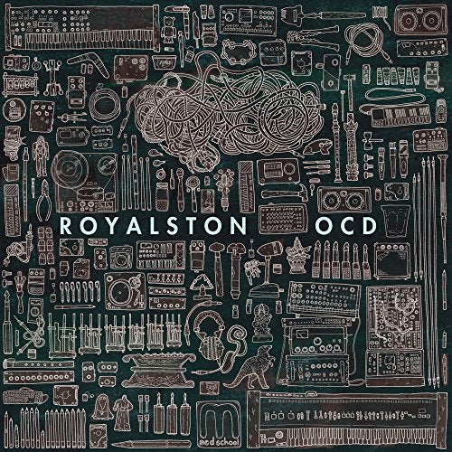 The image is a dark green album cover with white line drawings and text.