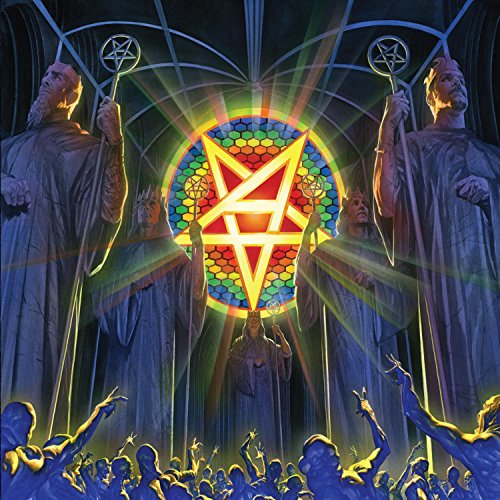 "Album cover art featuring robed figures and a glowing pentagram surrounded by crowd."
