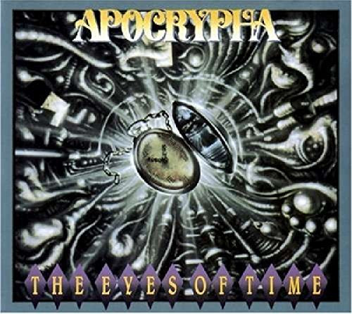 "Album cover art: 'Apocrypha - The Eyes Of Time' featuring a pocket watch surrounded by machinery."