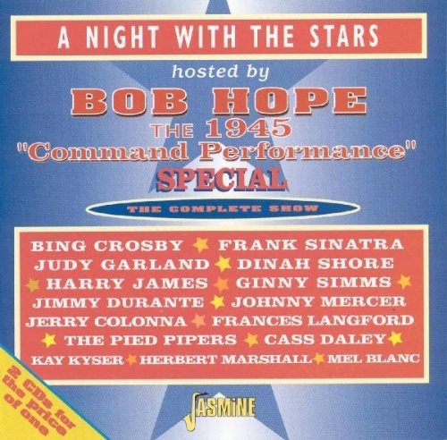 "CD cover art for 'A Night With Stars' hosted by Bob Hope, blue background."