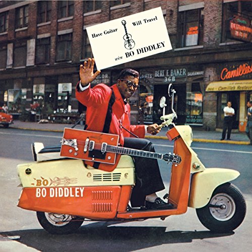 "Album cover featuring Bo Diddley on a scooter with a guitar."