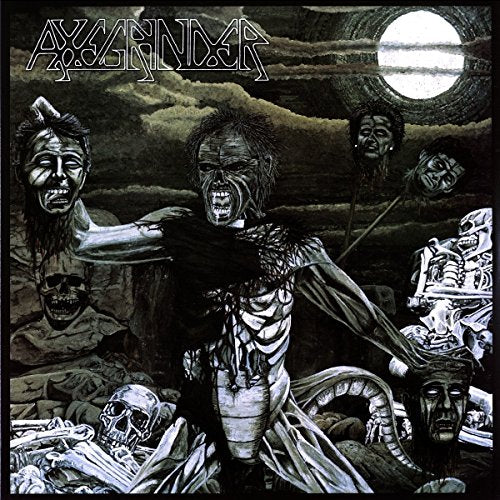 "Black and white album cover art featuring a skeleton surrounded by grotesque figures and skulls."