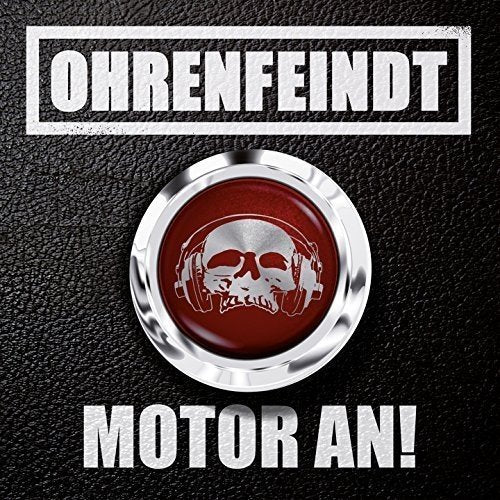 "Album cover with silver skull on red background, surrounded by metallic rim."