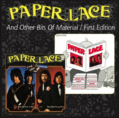 "CD cover for 'Paper Lace' album, featuring band members and cartoon illustration."