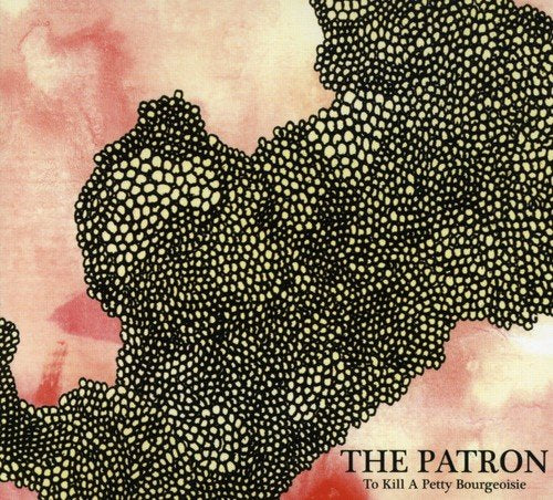 "Album cover with abstract black and white pattern on pink and red background."