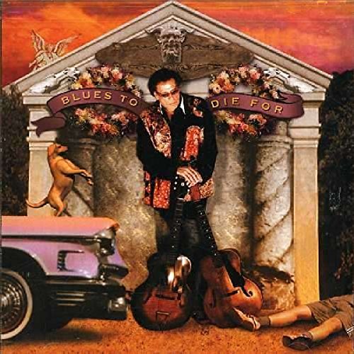 "Album cover: man standing in front of a mausoleum with guitars and a toy car."