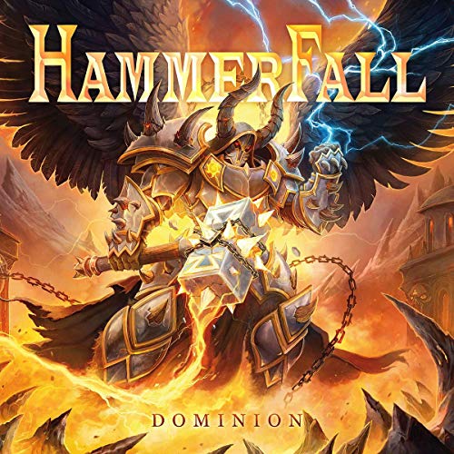 "Hammerfall album cover featuring a knight in armor with wings, surrounded by flames."