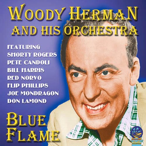 "Woody Herman album cover with a smiling man against a blue background."