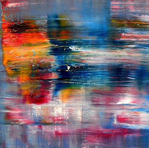 The image is an abstract painting with a mix of blue, red, orange, and white colors. For accessibility purposes, a suitable alt text could be: "Abstract painting with blue, red, and orange brushstrokes."