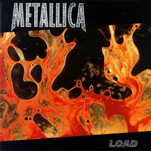 Metallica's "Load" vinyl album cover featuring an abstract orange splatter design on a black background.
