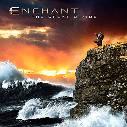 "Album cover for Enchant's 'The Great Divide' featuring a man on a cliff."