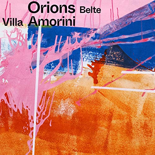 The image is an abstract album cover with pink, blue, and orange hues.