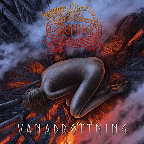 Naked man crouching amidst lava and smoke, with text "Grimner" and "Vanadrottning" overlay.