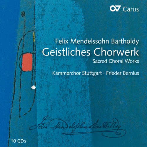 Blue CD cover with white text and a red rectangle, featuring Felix Mendelssohn-Bartholdy's signature.