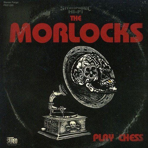 "Album cover with gramophone and skull, titled 'The Morlocks Play Chess' in red text."