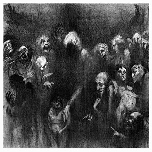 The image is a black-and-white illustration of a group of ghostly figures. Alt text: Black and white illustration of ghostly figures surrounding a central figure.