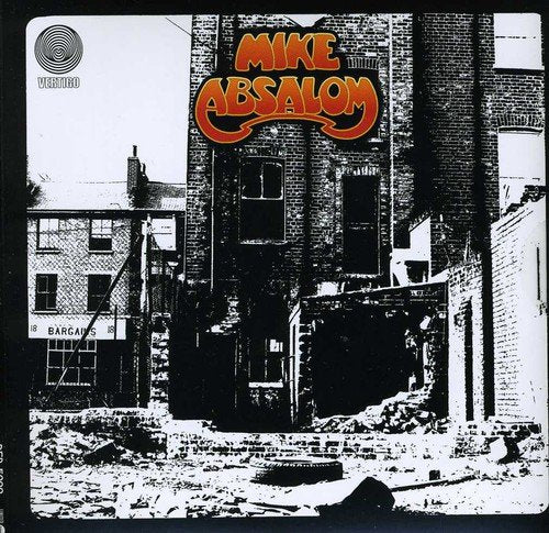 "Album cover with 'Mike Absalom' in orange text, showing a black-and-white urban scene."