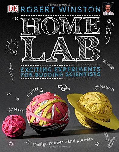 "Book cover with 'Home Lab' title, rubber band planets, and science illustrations on black background."