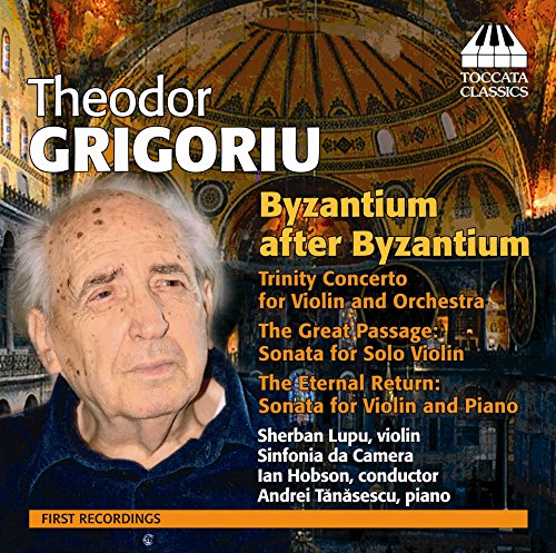 "CD cover featuring an older man and Byzantine architecture, listing musical compositions."