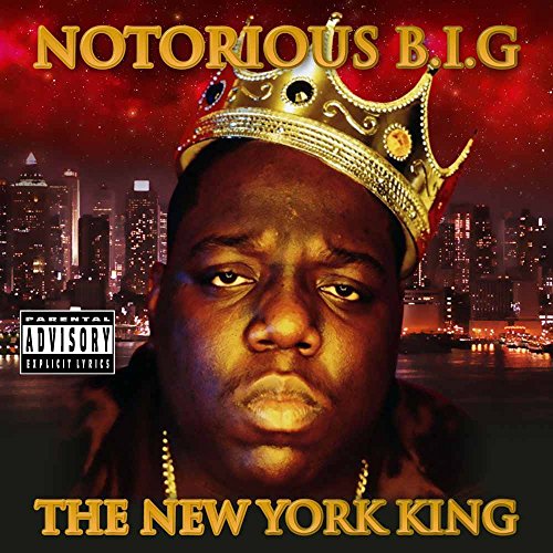 Notorious B.I.G. album cover: portrait with crown, city skyline background.