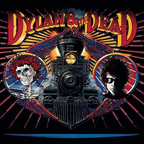 Album cover featuring a train with Bob Dylan and a skeleton on either side.