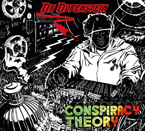 "Album cover art: DJ at turntables with protest crowd, black and white with red, green text."