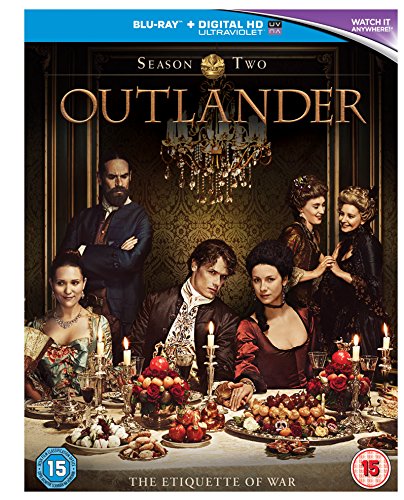 "Blu-ray cover for Outlander Season 2, featuring characters at a formal dinner."