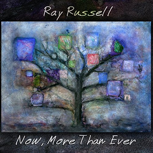 "Album cover with a tree and colorful squares on a blue background."