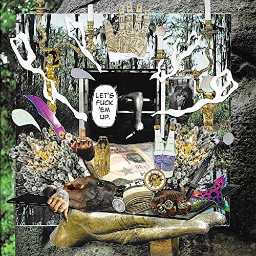 "Album cover with surreal collage of body parts, objects, and text."