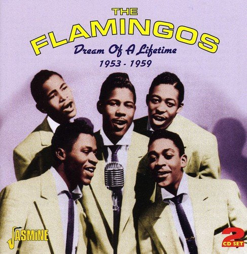 "CD cover featuring The Flamingos, a group of five men in yellow suits."